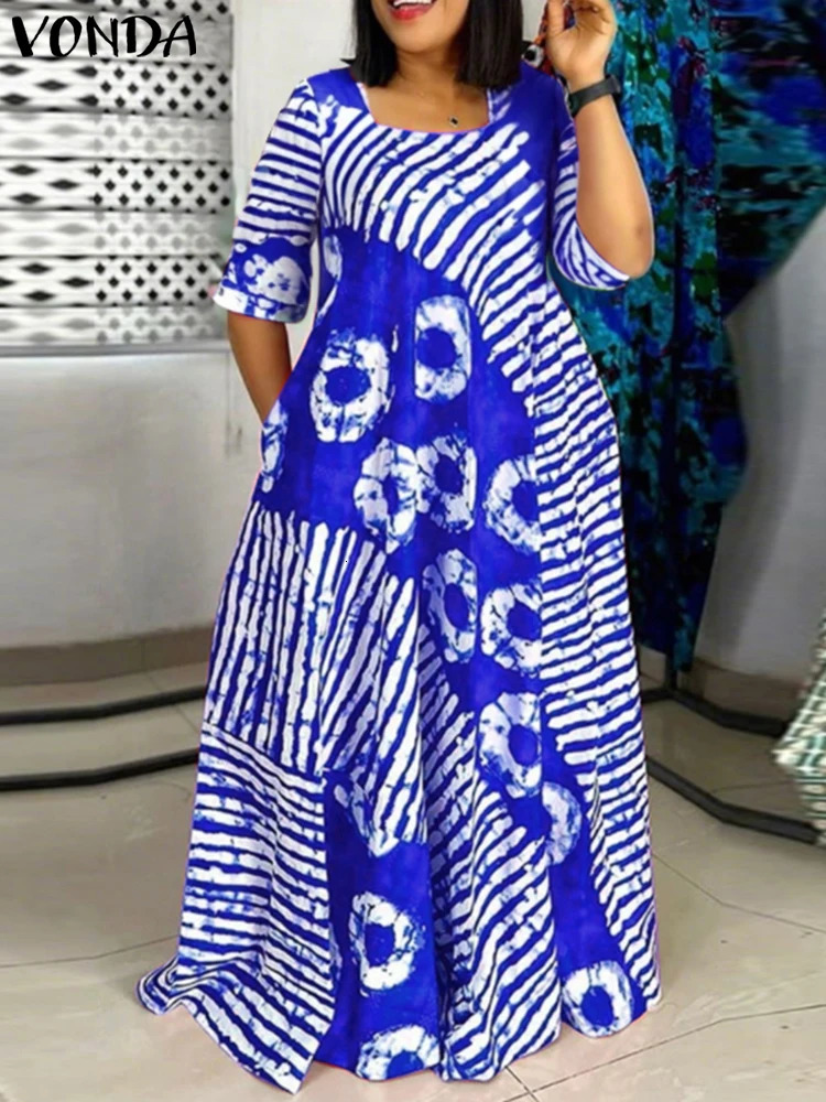 Plus Size Women Bohemian Maxi Dress Summer Printed Long Sundress VONDA Beach Party Vestidos Half Sleeve Casual Loose Robe 250519