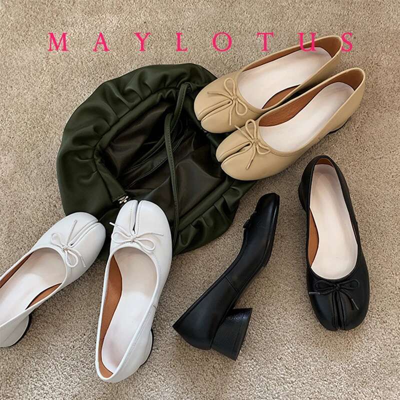 Split Toe 3cm Heel Tabi Slip On Leather Comfy Shoes Soft Bottom solid Ladies Moccasins with Bowknot