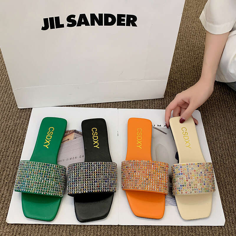 Designer Sandals, Colorful Rhinestone Flat Slippers 2025 Spring And Summer Candy Colored Outdoor Casual Wear Resistant Slippers Women's Trendy Sh