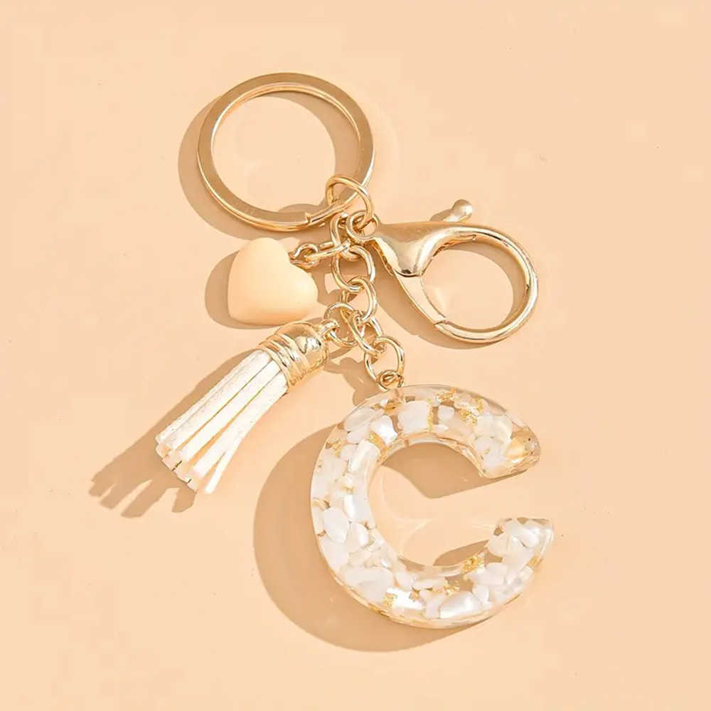 Letter keychain, female resin, heart-shaped drop glue, shell stone, letter keychain, backpack accessories