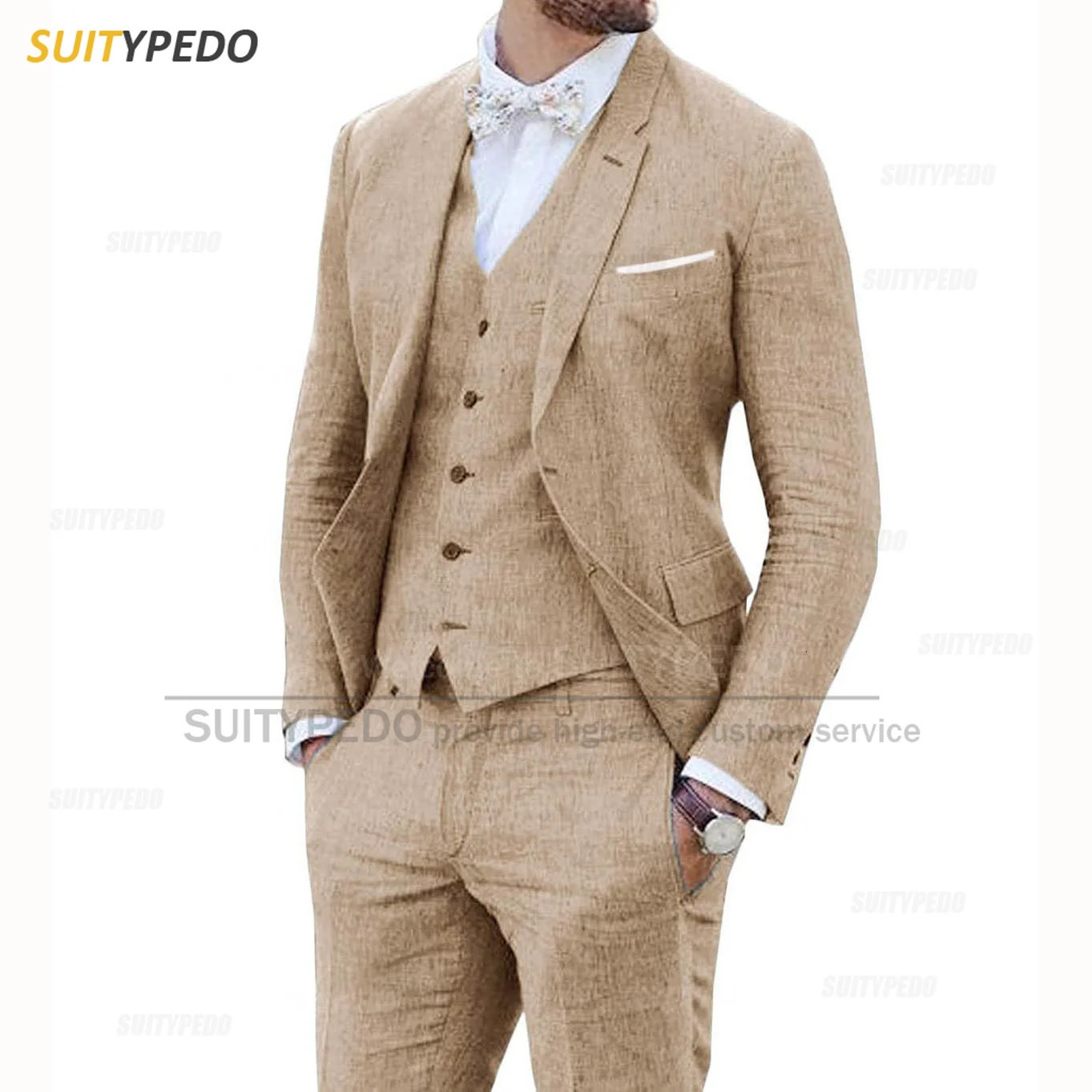 Beige Linen Suits for Men 3 Pieces Casual Slim Fit Suit Blazer Vest Pants Set Formal Prom Wedding Tuxedos for Groomsmen Man 250516