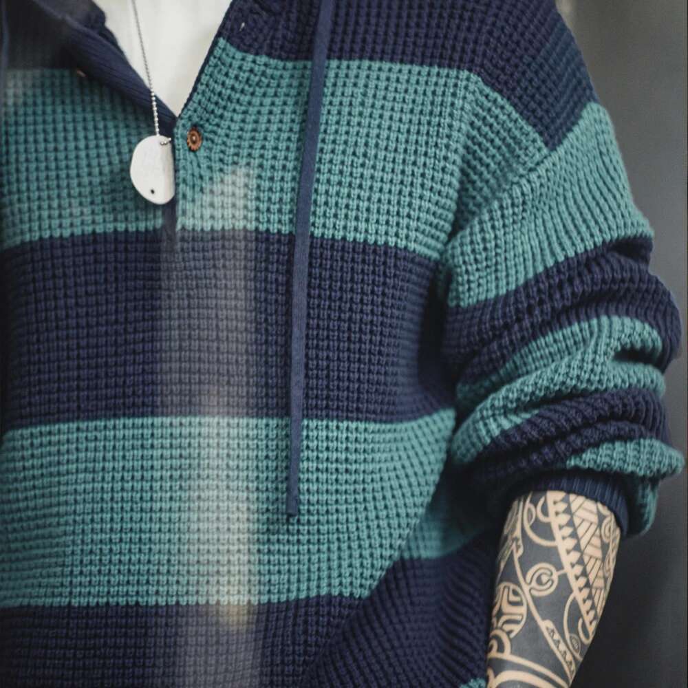 Maden Casual Striped Knit Hoodie With Wooden Button Collegiate Style Fall And Winter Tops For Men's Loose Pullover Sweater 250524