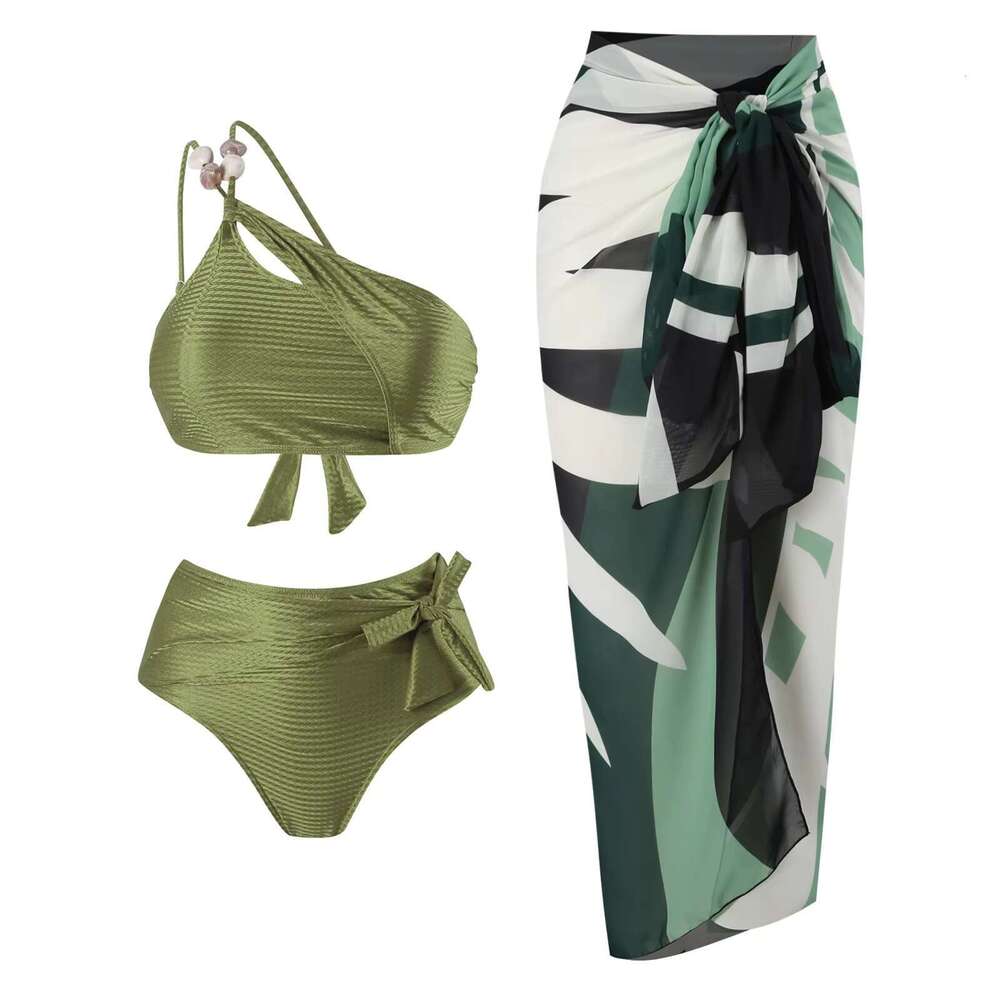 DHEssentials 2025 Pleated One Shoulder Two Piece Swimwear Beachwear Suit Swimsuit Beach Cover Ups Set for Women