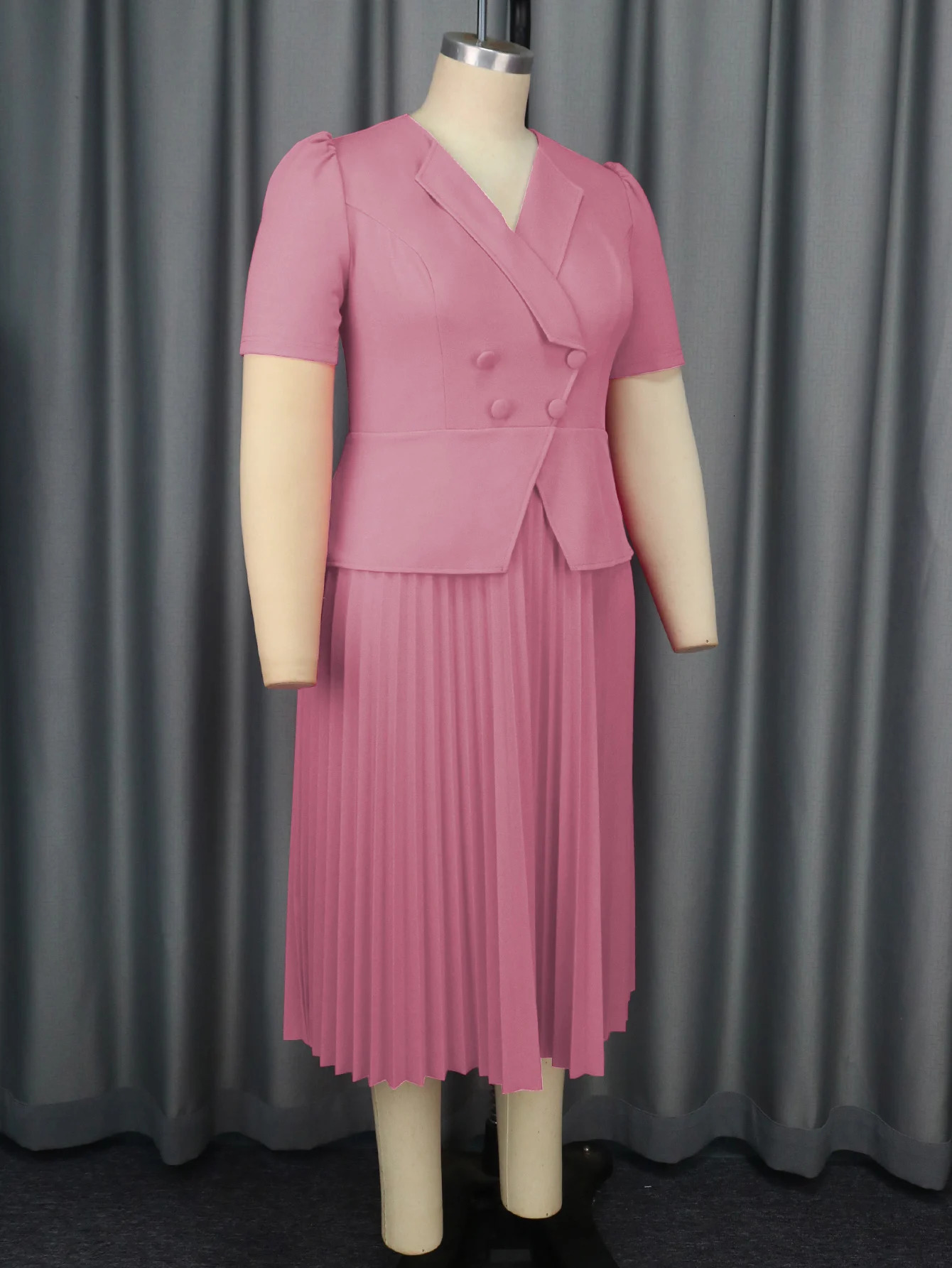 Classy Elegant Church Dresses for Women Blazer Tops Pleated Skirts A-line Short Sleeved V Neck Buttoms Office Ladies Workwear 250517