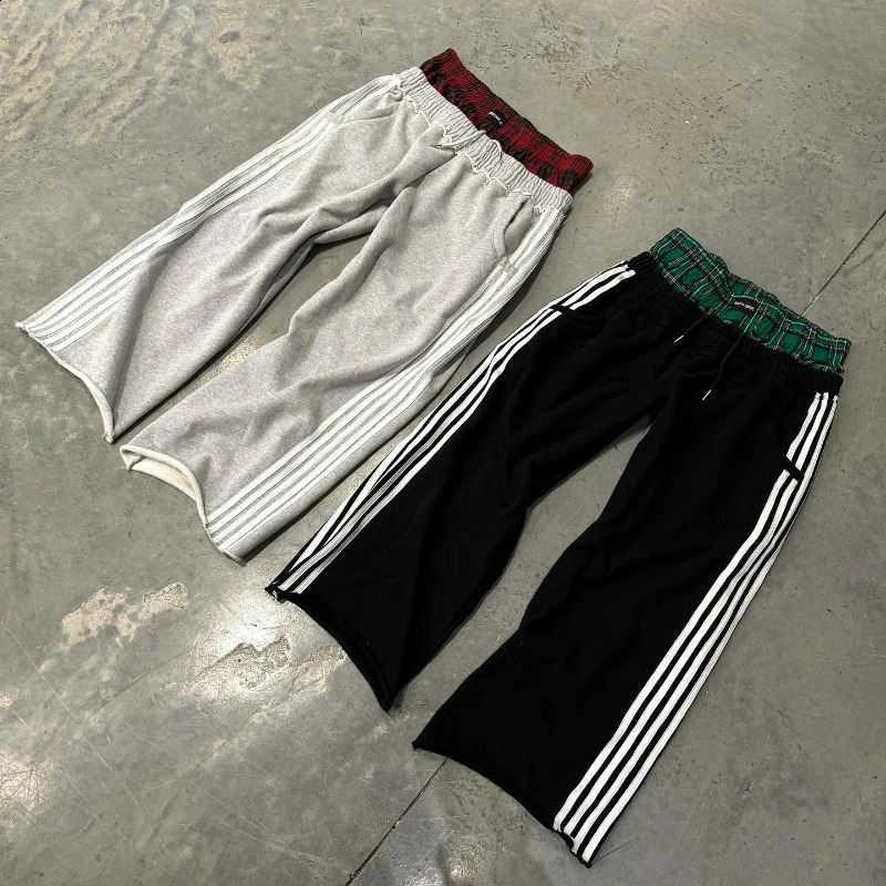 Y2K Casual Sweatpants Double Waist Checkered Camouflage Striped Side Splicing Wide Leg Pants American Style Trendy Streetwear 250513