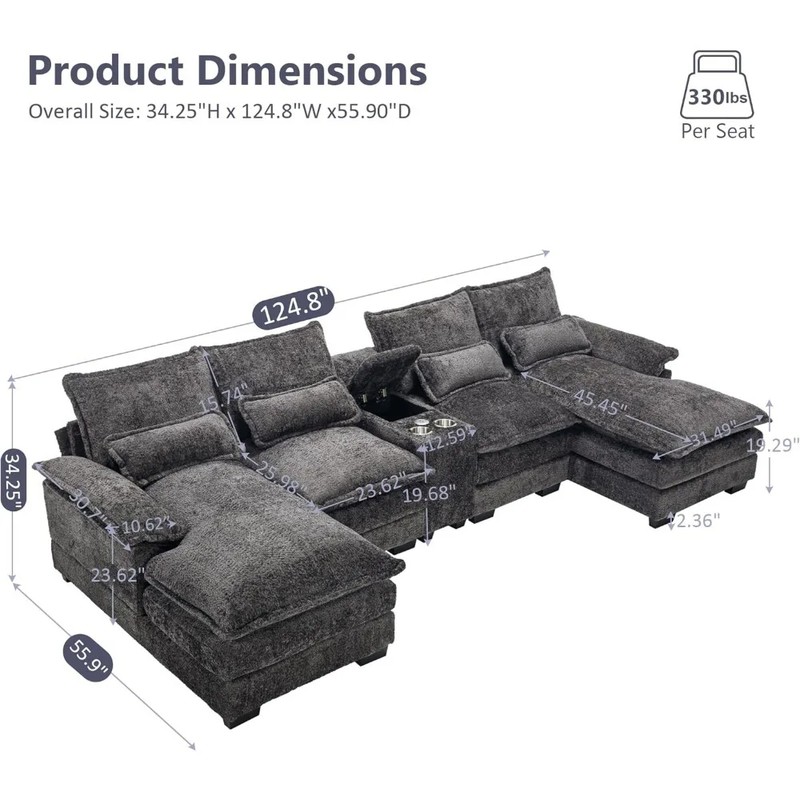 U-Shaped Modular Sectional Sofa, 124.8" Chenille Couch for Living Room, Grey Fluffy Sofa with Console Cupholders and USB