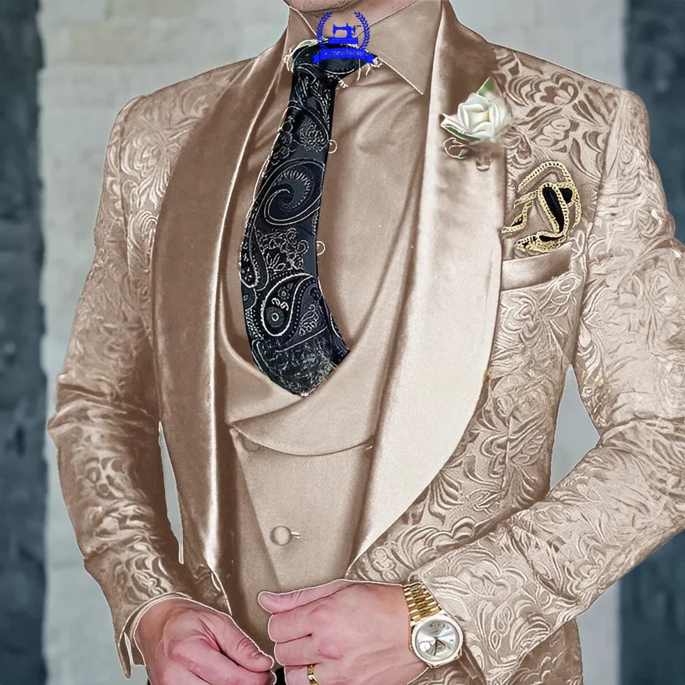 Jacquard Mens 3-piece Suit Set Floral Pattern Party Dress Formal Grooms Tuxedo Elegant Mens Blazer Customized Outfit 250517CJ