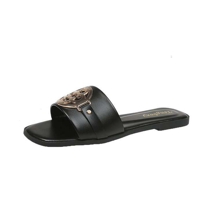 Wholesale Plus Size Fashion Slippers, Designer Sandals, 2025 Versatile Temperament, Solid Color Metal Decoration, Square Toe Flat Bottomed Beach Sanda
