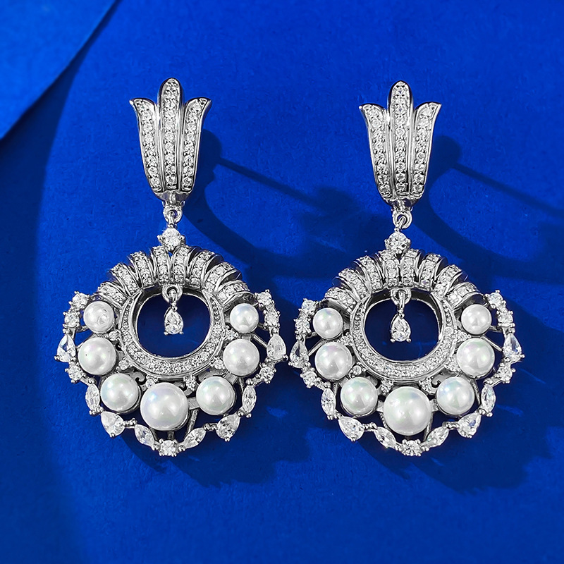 New S925 Sterling Silver French Vintage Pearl and Diamond Drop Earrings for Women, Elegant and Fashionable European Style