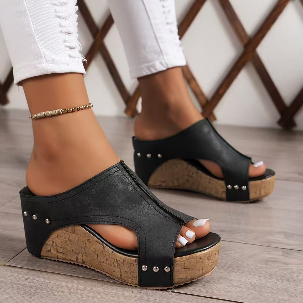 Summer Sandals Anti slip Wedge High Heels Round Head Elegant Black Casual Shoes Womens Plus Size 240528