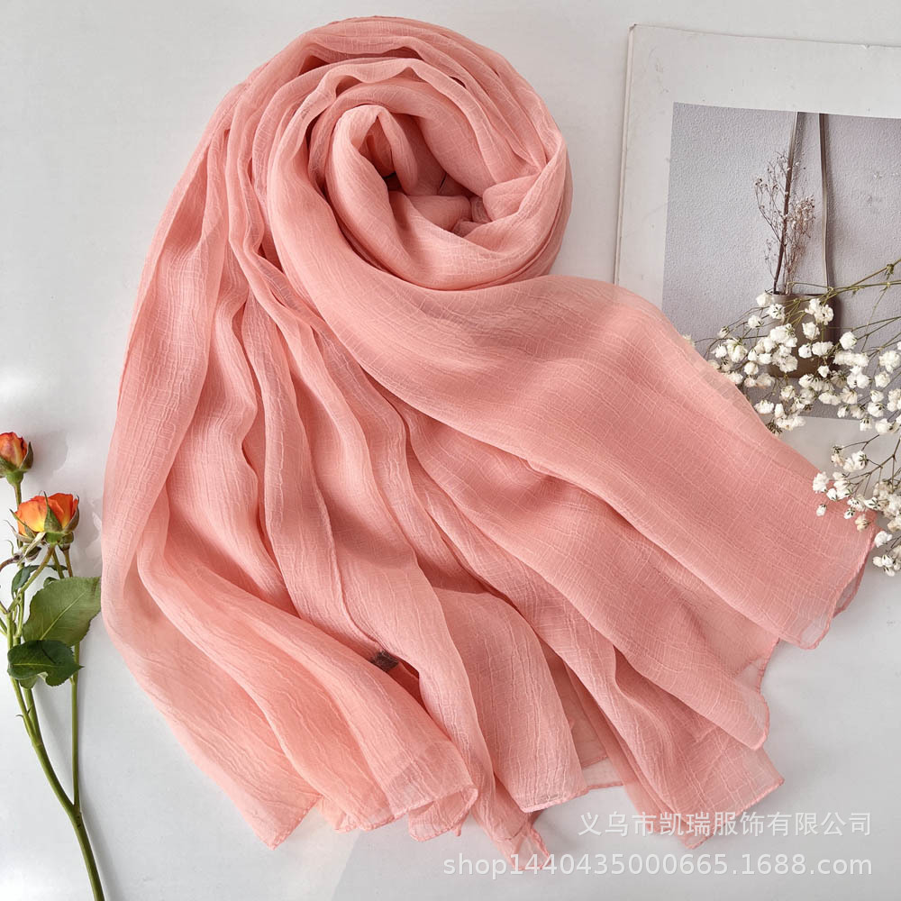 K787 Summer new pleated scarf women's super large sunscreen beach towel solid color soft retro slightly transparent skin-friendly shawl versatile