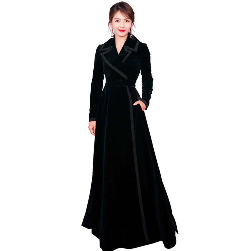 JAMERARY Winter Runway Veet Maxi Women Vintage Notched Collar Wrap Black Thick Warm Long Trench Coat Outwear