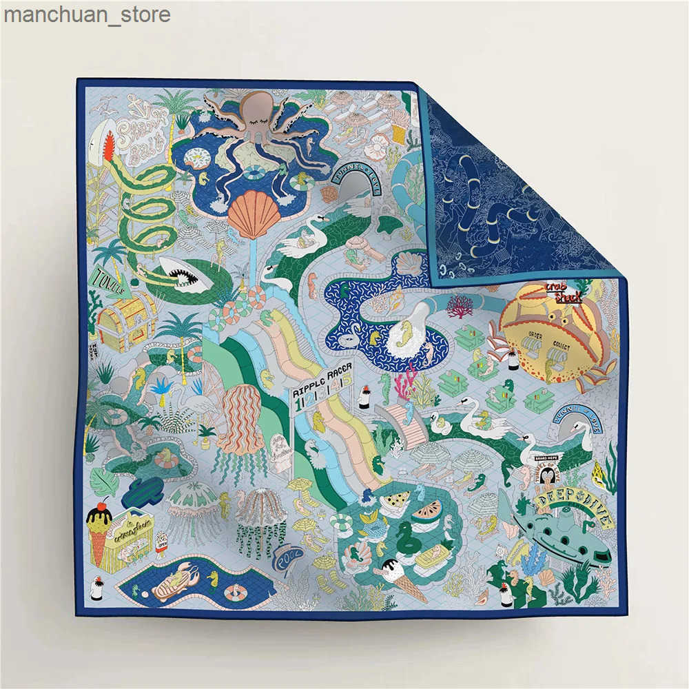 90Cm High-quality Twill Silk Double-sided Printing Submarine Playground Womens Large Square Scarf Chest Wrap Scarf Q250521