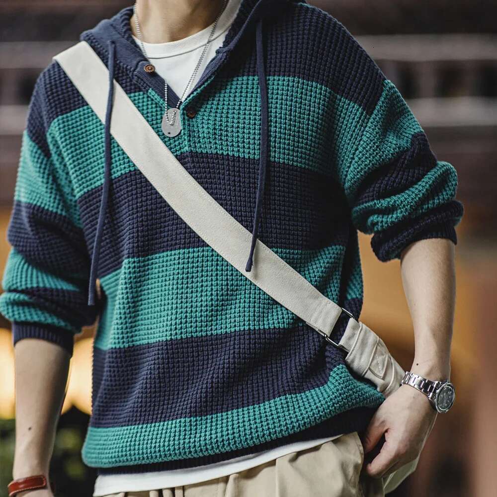 Maden Casual Striped Knit Hoodie With Wooden Button Collegiate Style Fall And Winter Tops For Men's Loose Pullover Sweater 250524