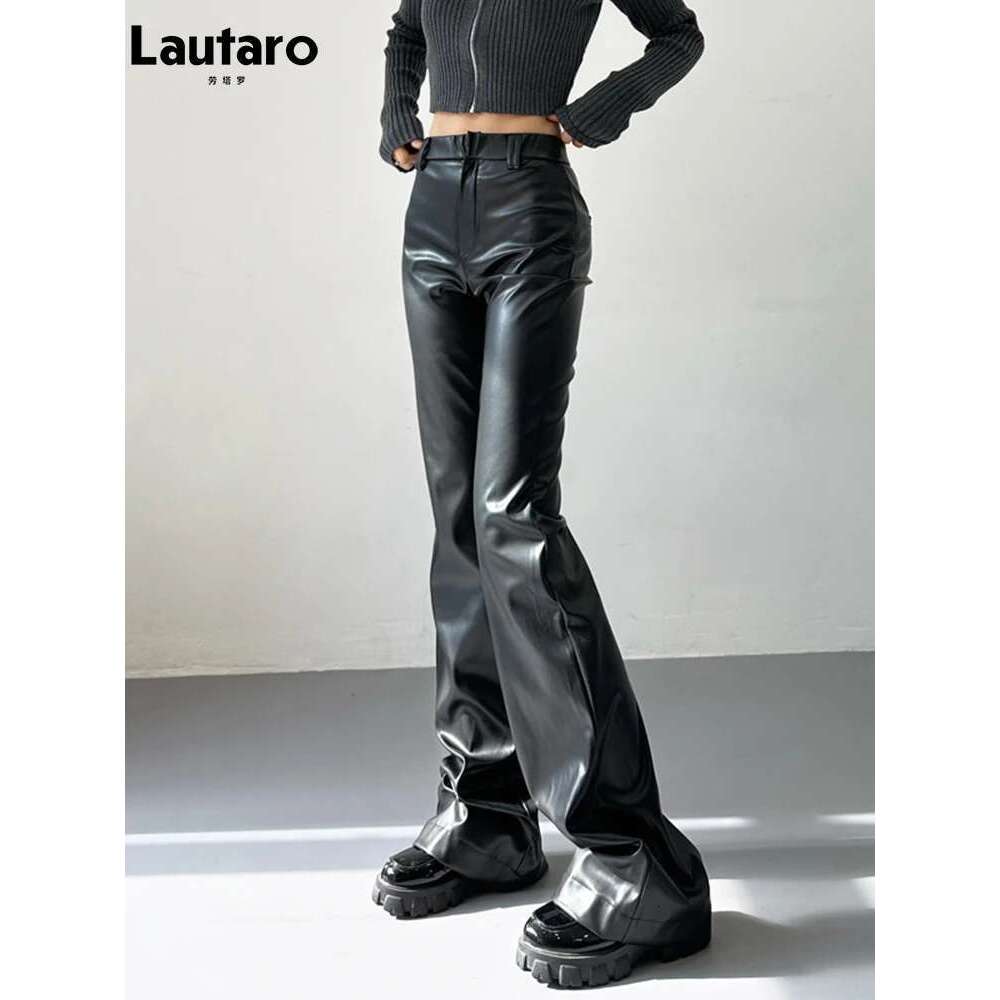 Lautaro Spring Autumn Cool Casual Soft Black Pu Leather Floor Length Flare Pants For Women High Waist Korean Style Fashion 2023