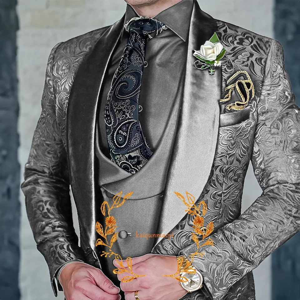 Jacquard Elegant Mens 3 Piece Suit Set Wedding Groom Tuxedo Jacket Pants Vest Formal Party Dress XS-5XL 250517