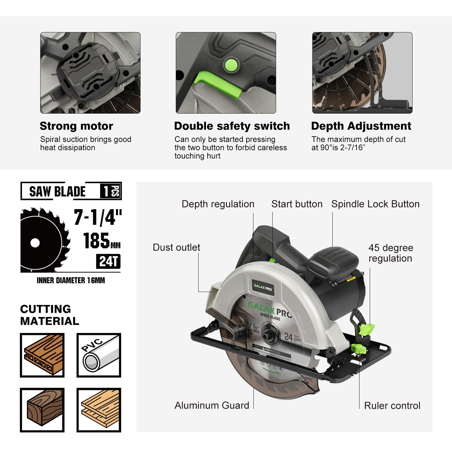 GALAX PRO Power Circular Saw 6000RPM Corded Circular Saw with Adjustable Cutting Depth 2-1/2 Inch to 1-7/8 Inch 7-1/4 Inch Carpentry Saw Blade Ideal f