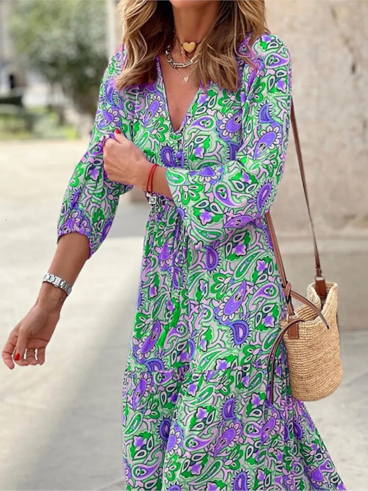 Womens Autumn Fashionable Printed Sexy V-neck Long Sleeve High Waist Elastic Waist Medium Length Bohemian Dress 250519