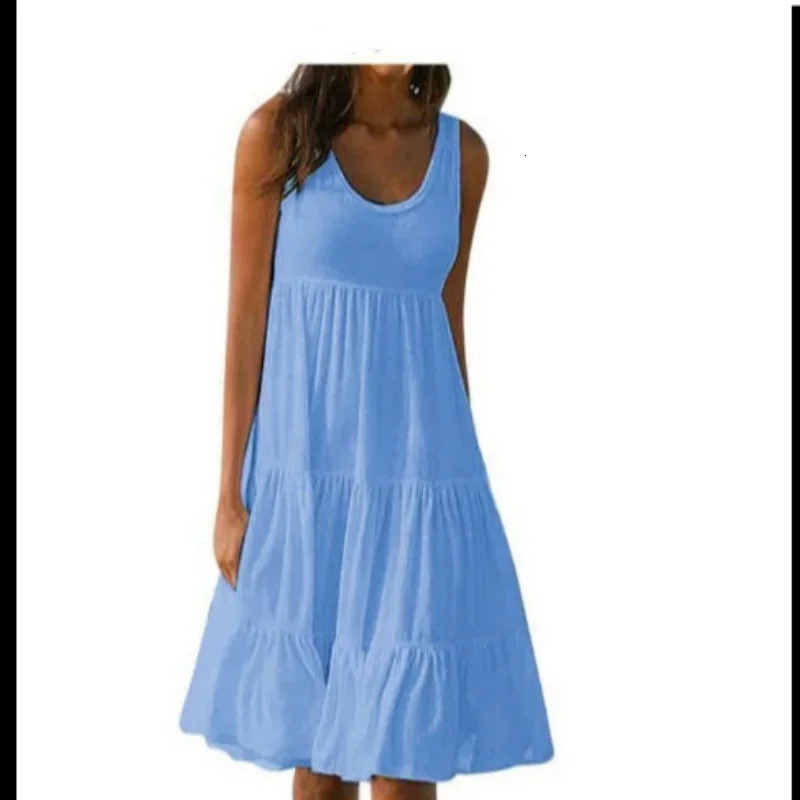 Bohemian Womens Casual O Neck Sleeveless Ruffle Mini Dress Solid Color Beach Tank Top Oversized Loose Dress Plus Size Women3029 250519