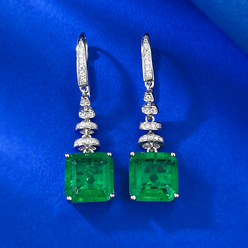 Exquisite S925 Sterling Silver Vintage Emerald Cut Green CZ Earrings with Full Diamond Paving