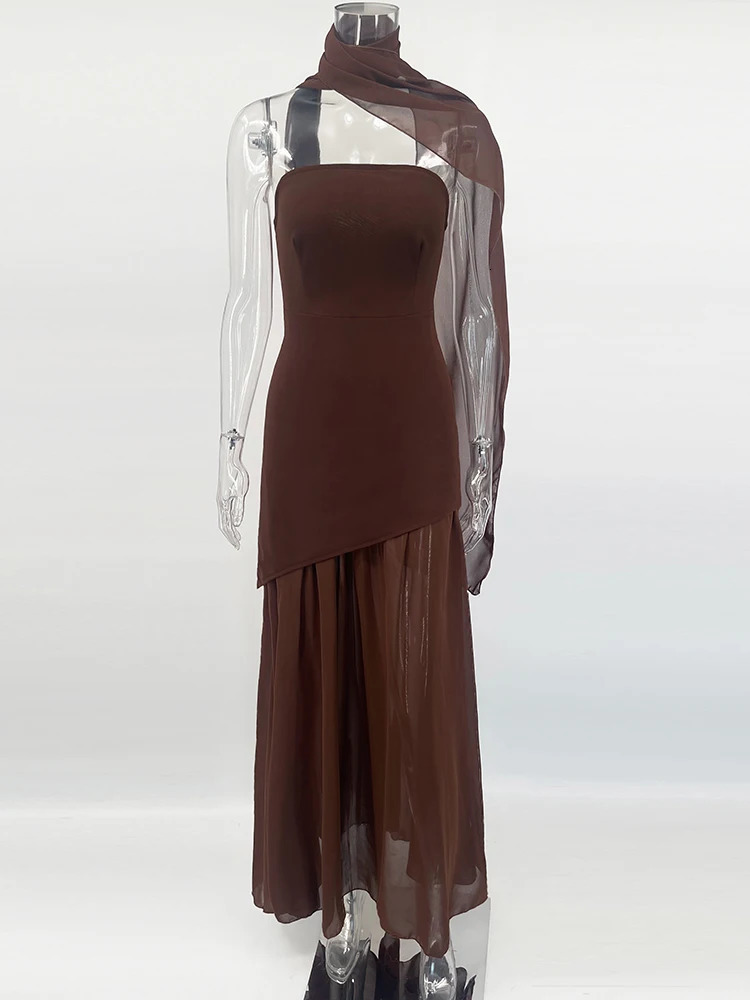 TARUXY Fashion Strapless Dress With Ribbon Female Elegant Sleeveless Mesh Beach Vacation Long Dress Spring Women Dress 250519