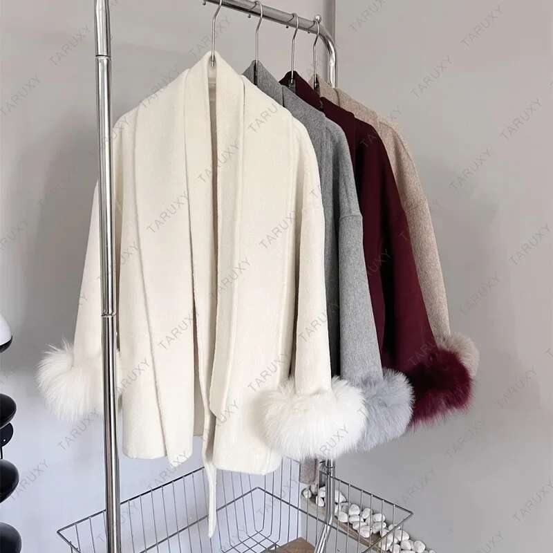 Coats Designer Women TARUXY Fox Fur Woolen Coats Women's Short Coat Office Lady Removable Elegant Double-Sided Wool Overcoat 2025 New Cardigan Ja