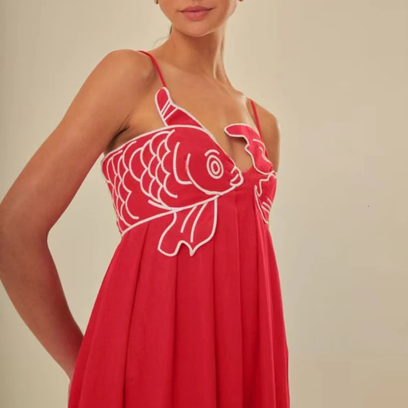 3D Fish Shaped Embroidery Pleated Sling Dress Women Spring Strapless Hollow Party Long Dress Summer Backless Side Zip Boho Dress 250519