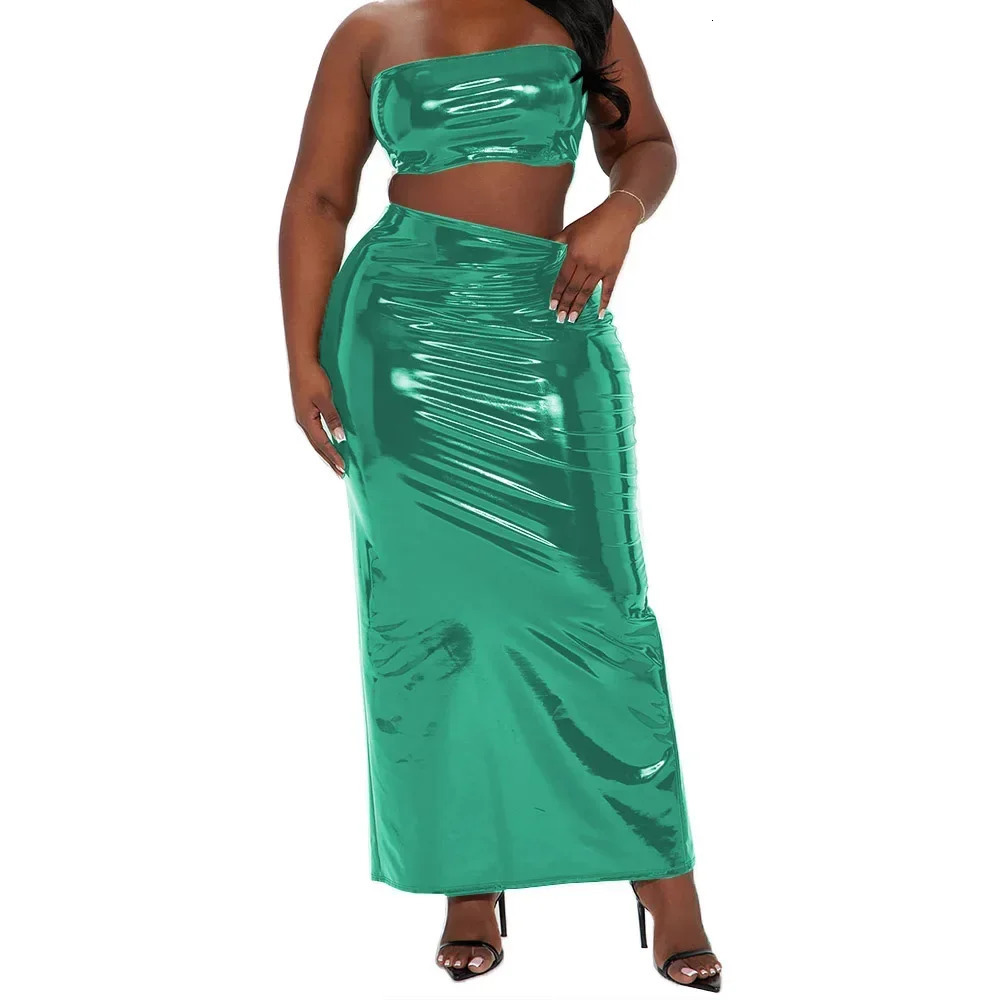 Plus Size Two Piece Sets Outifits Summer Strapless Crop Tops Sexy High Waist Long Skirt Casual Lady Party Daily Wear 250516Z