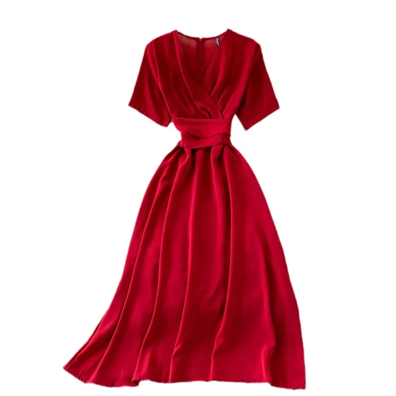 Summer 2025 French Vintage Orange Bellflower Dress Slimming V-Neck Waist-Cinching Elegant Long Skirt Large Swaying Gown