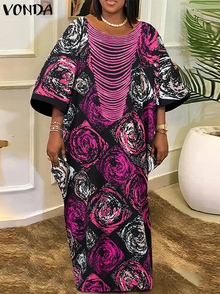 Plus Size VONDA Women Foral Printing Bohemian Maxi Dress Causal Puff Sleeve Sundress Holiday Eelgant Vestido NO Tassel 250520