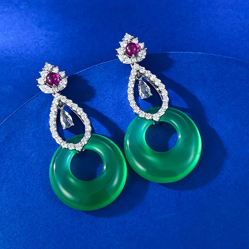 925 Sterling Silver Green Agate Earrings with Ruby and Diamond Accents - Elegant, Luxury Jewelry for Special Occasions