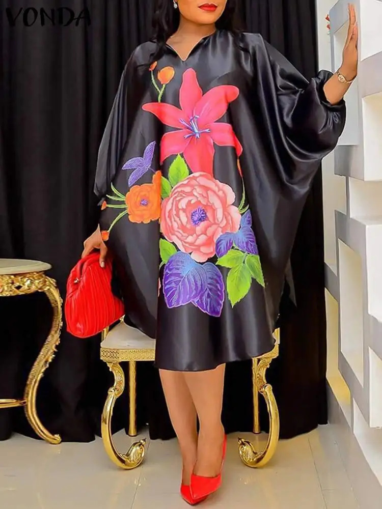 Plus Size 5XL VONDA Women Bohemian Sundress Autumn Floral Printed Elegant Midi Dress 3/4 Bat Sleeve Casual Loose Retro Robe 250520