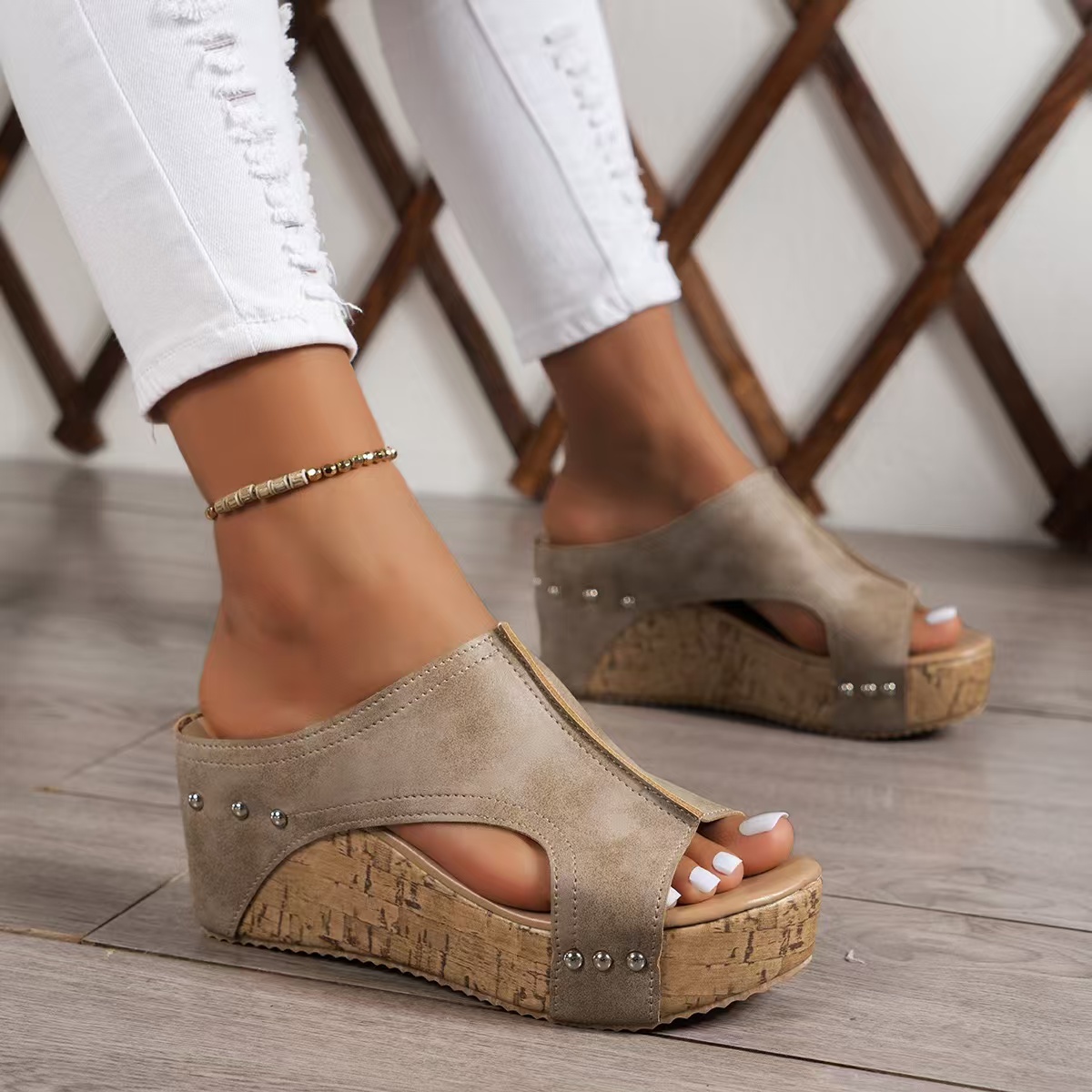 Summer Sandals Anti slip Wedge High Heels Round Head Elegant Black Casual Shoes Womens Plus Size 240528