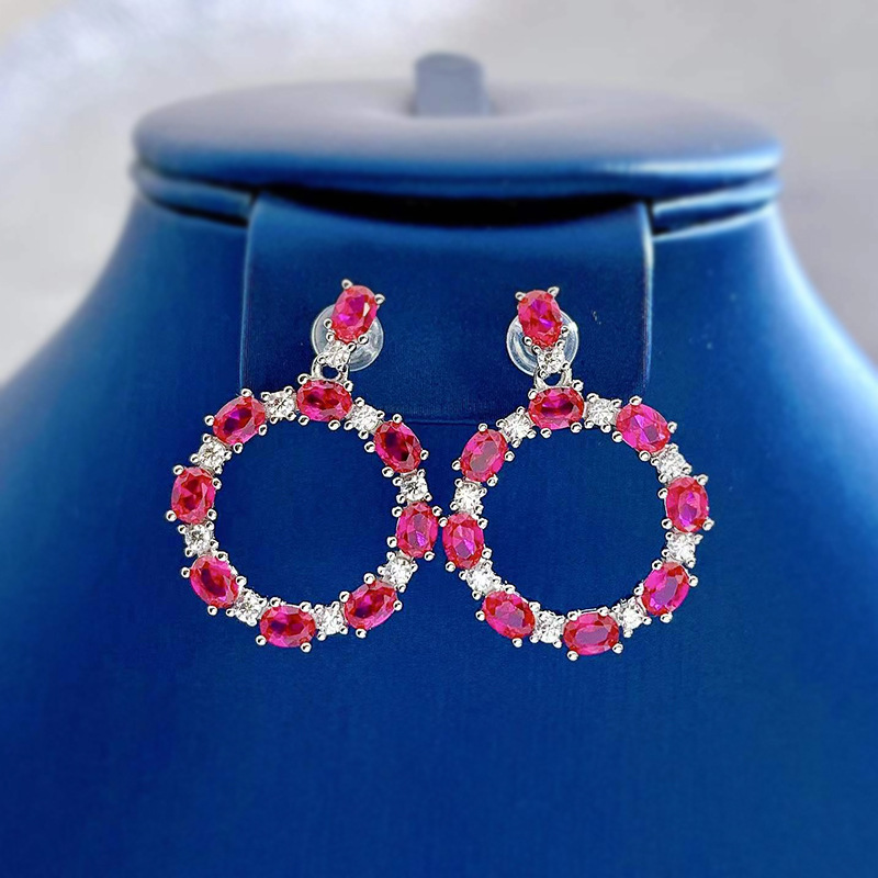 Exquisite S925 Sterling Silver Earrings with Oval Red Ruby & High-Carbon Diamonds - Elegant Dazzling Design