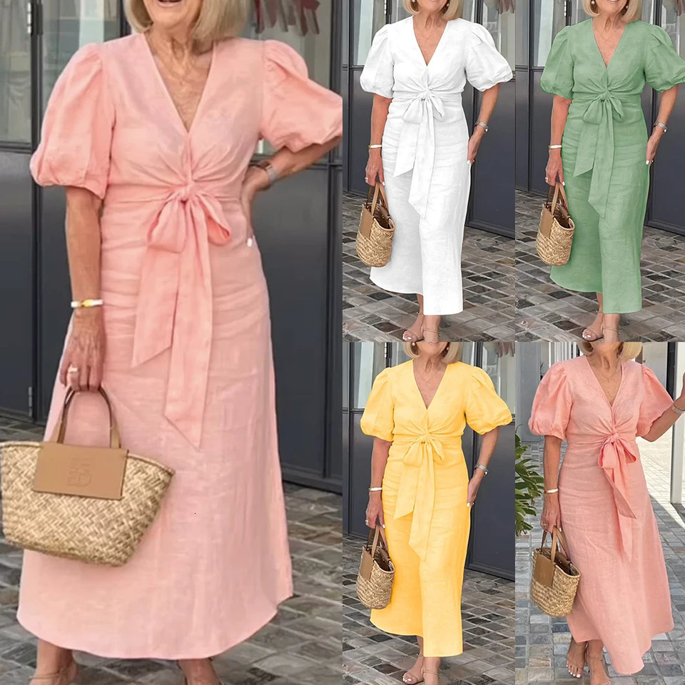 Plus Size Womens Solid Elegant V-Neck Lace-Up Puff Sleeve Maxi Dress Summer Casual Beach Sundress for Ladies XL 2XL 3XL 4XL 5XL 250520