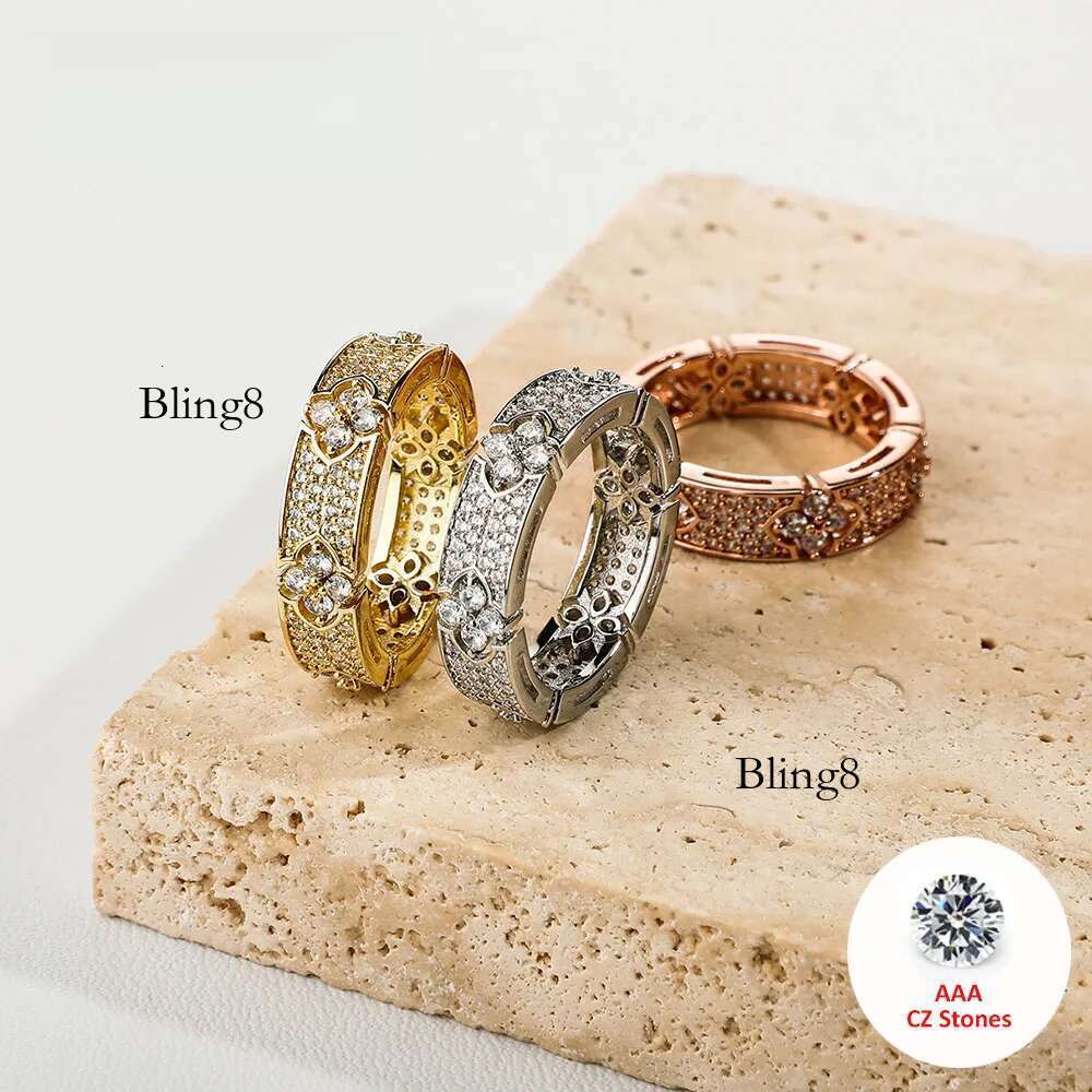 JINAO Hip Hop Iced Out Four Leaf wer Ring Full Micro Pave Bg Cubic Zirconia Round Wedding Rings for Women Men