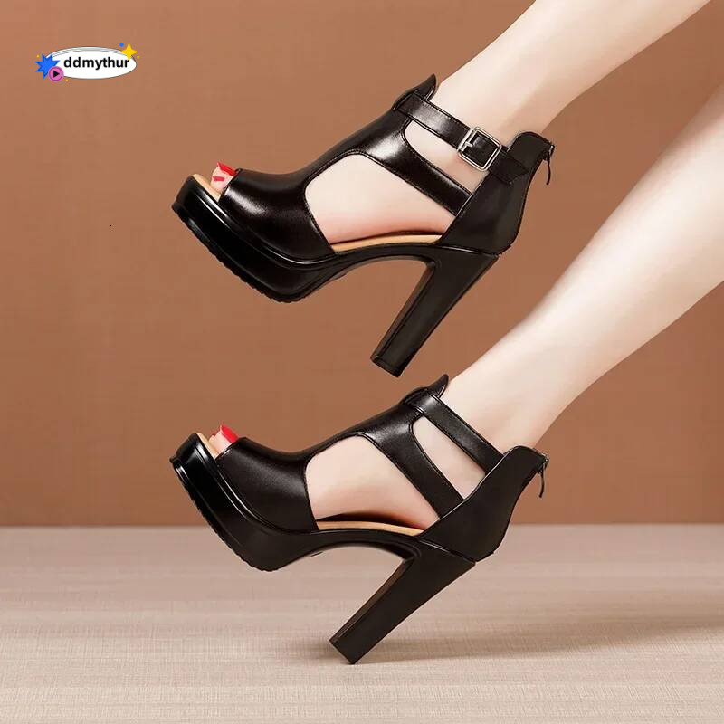 10cm Small Size 32-43 Elegant Leather Shoes Woman Block High Heels Platform 2025 Summer Gladiator Sandals Office Model ddmythur