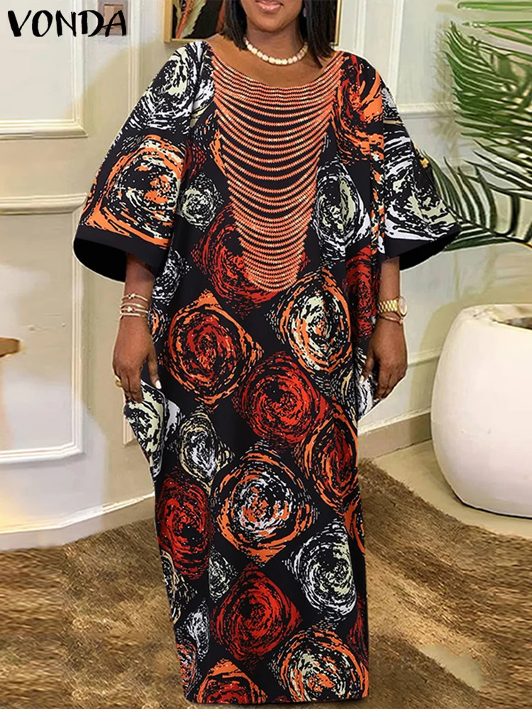 Plus Size VONDA Women Foral Printing Bohemian Maxi Dress Causal Puff Sleeve Sundress Holiday Eelgant Vestido NO Tassel 250520