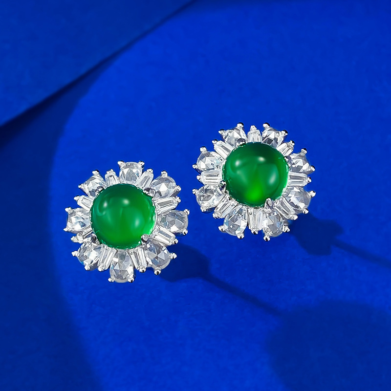 Elegant S925 Sterling Silver Stud Earrings with Green Chalcedony, Luxuriously Crafted Fashion Jewelry