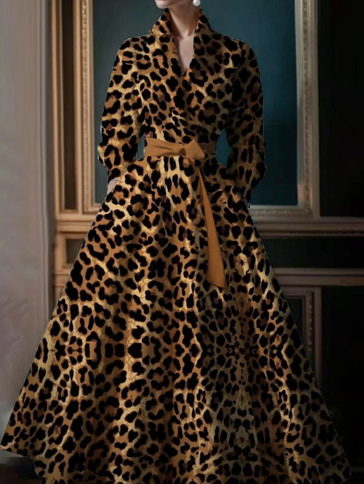 Fashion Retro Boho Leopard Pattern Womens Big Size Dress High Street Standing Collar Loose Big Swing Shirt Dresses 250519