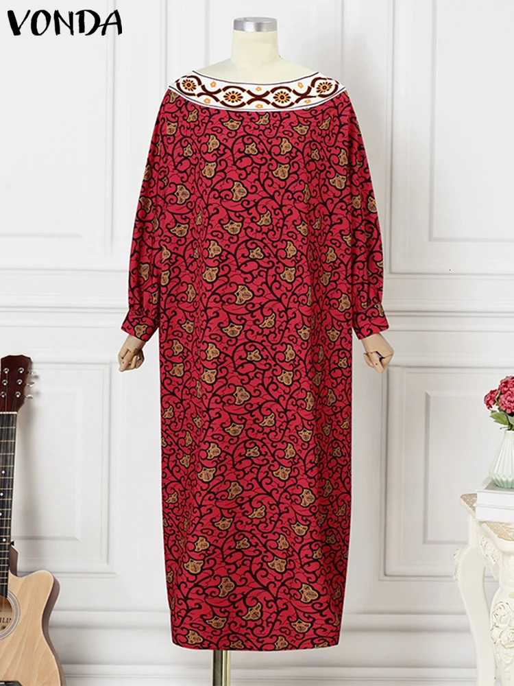 Plus Size 5XL VONDA Women Bohemian Printing Maxi Dress Long Bat-wing Sleeve Elegant Vestidos Casual Round Neck Long Robes 250520