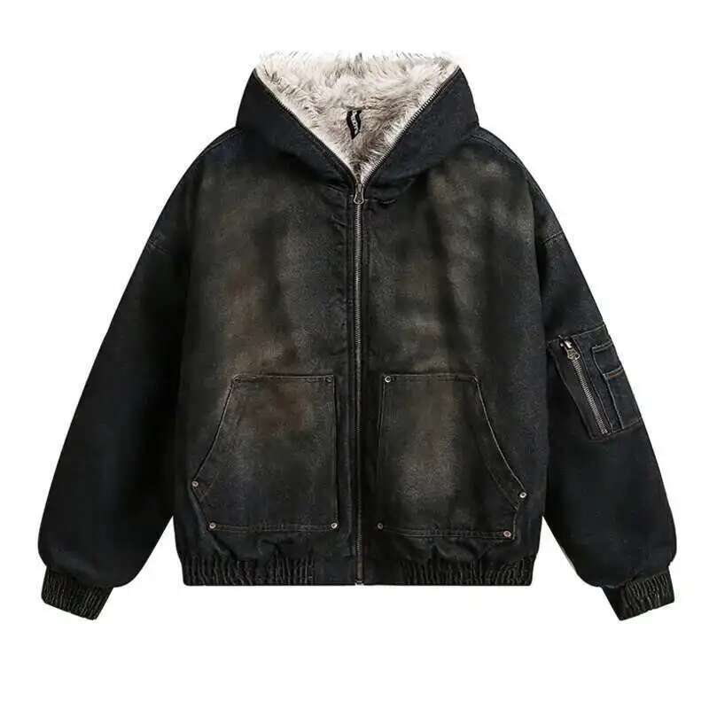PFNW Menswear Thickened Denim Quilted Padded Jackets Autumn Winter Trend 2024 New Oversized Fur Collar Hooded Cotton-Padded Coat
