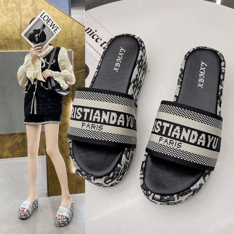 Fashion Letter Embroidery Thick Soled Slippers Designer Sandals For Spring And Summer New Products One Character Height Increase Outdoor Sandals For W