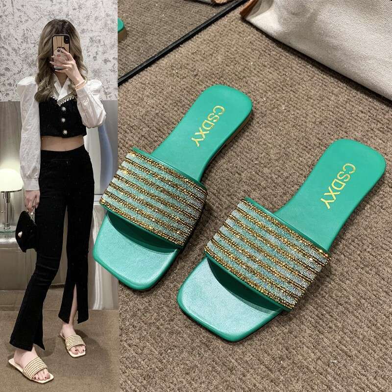 Flat Bottomed Fashionable And Comfortable Slippers For 2025 Small Sandals With Sparkling Diamond Letters Outdoor Versatile And Casual Height Increasin
