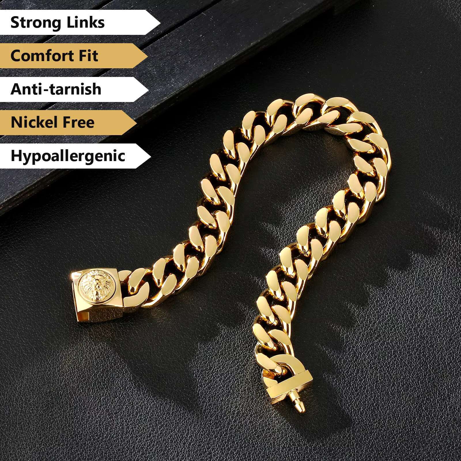 Miami Big Thick Bracelet 18K Real Gold Plated Hip Hop Women Lion Clasp Stainless Steel Jewelry 12 mm Mens Cuban Link Bracelet