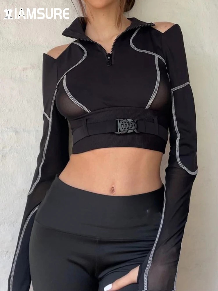Iamsure Patchwork Mesh T Shirt Women Hollow Out See Through Sexy Slim Off Shoulder Long Sleeve Tees Ladies Crop Tops Streetwear 250516
