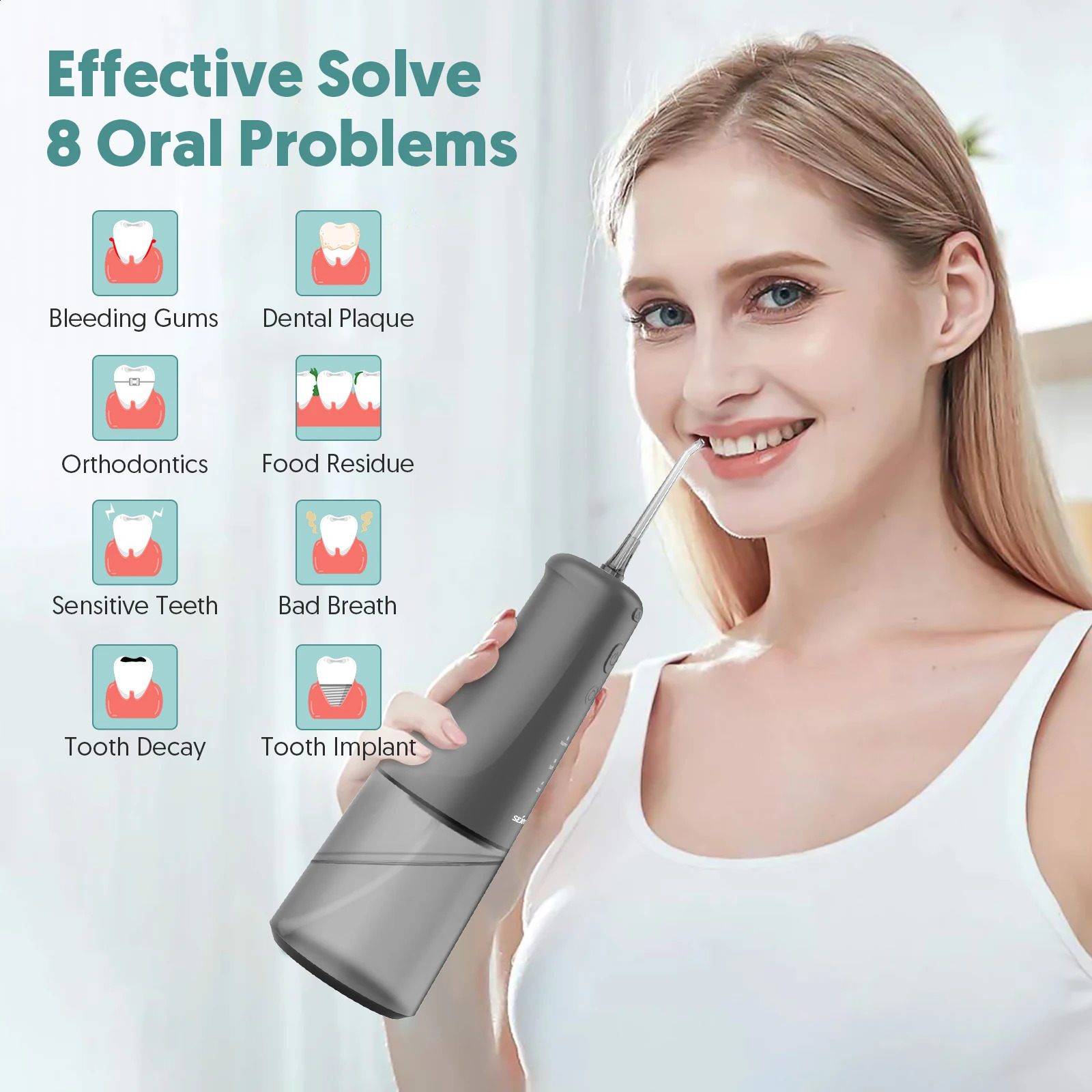 Sejoy FC5091 Water Flosser Cordless Rechargeable Oral Irrigator Mode 6 Jet Tips IPX7 Waterproof 6 Jet Teeth Tips for Travel 250520