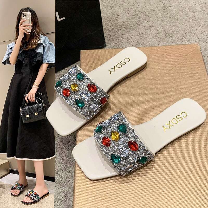 Designer Sandals Colored Gemstone One Word Casual Sandals Flat Slippers 2025 Summer Outdoor Fashion Beach Slippers