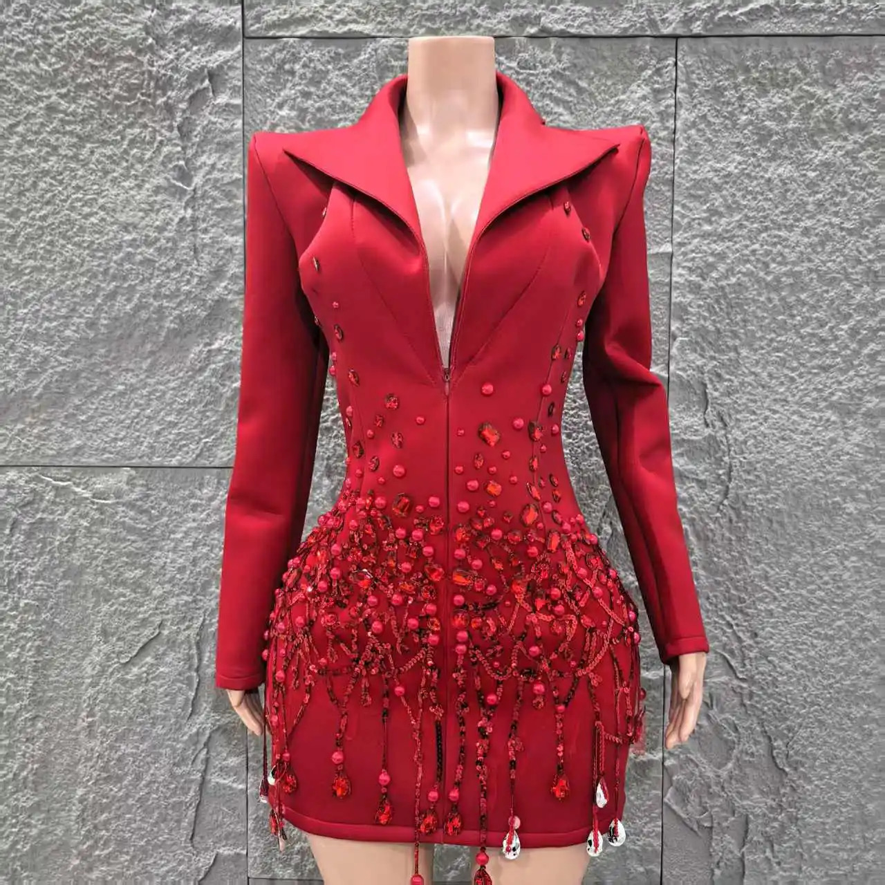 High Quality Women Long Sleeve Sexy Deep V-Neck Bodycon Blazer Dress Shinning Sequins Celebrate Nightclub Bar Singer Stage Wear 250517