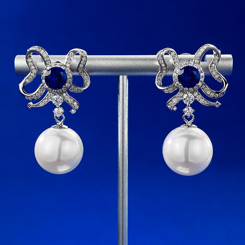 Elegant 925 Sterling Silver Butterfly Bow Earrings with Red and Blue Sapphires and 13mm Pearl Drop for Women